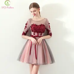 SSYFashion Короткие коктейльные платья Банкетный элегантное, с рукавом до локтя А-силуэт Мини кружевные аппликации платье для вечеринки
