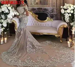 Элегантное женское вечернее платье 2019 г. Роскошные свадебные платья вышитый бисером кружевной аппликатор High-Neck Illusion одежда с длинным