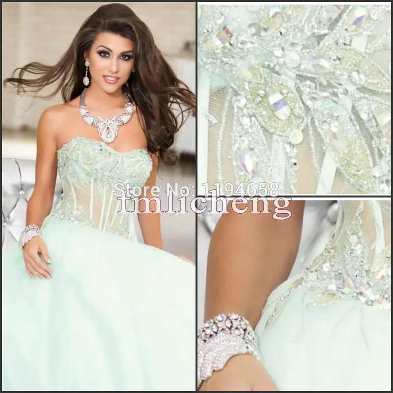 Fashion Design 2014 Sweetheart Neckline Crystal Prom Dresses A-line Long Evening Party See Through Organza Pegant Gowns | Свадьбы и