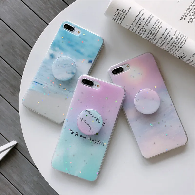 

ROHDEA Sweet Star Shiny Phone Case for iphoneXS max XR Finger Ring Soft Cover for iphone6 7 8 plus Kickstand Clear Edge TPU Case