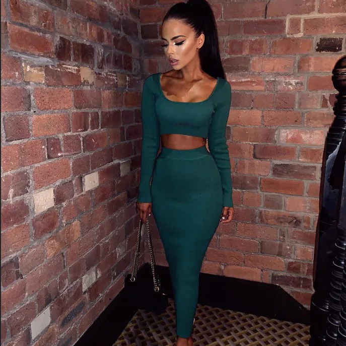 

2 piece set women dress winter long sleeve outfits high waist knitted sexy robe femme ete
