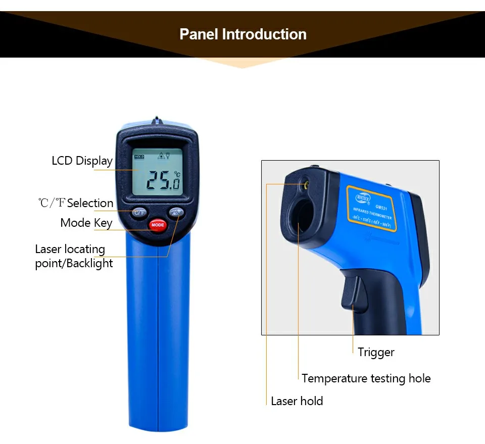 BENETECH GM531 Бесконтактный цифровой лазерный инфракрасный термометр-50 ~ 530C (-58 ~ 875F) 0,1-1,0 Регулируемая ИК лазерная точка Gun пирометр