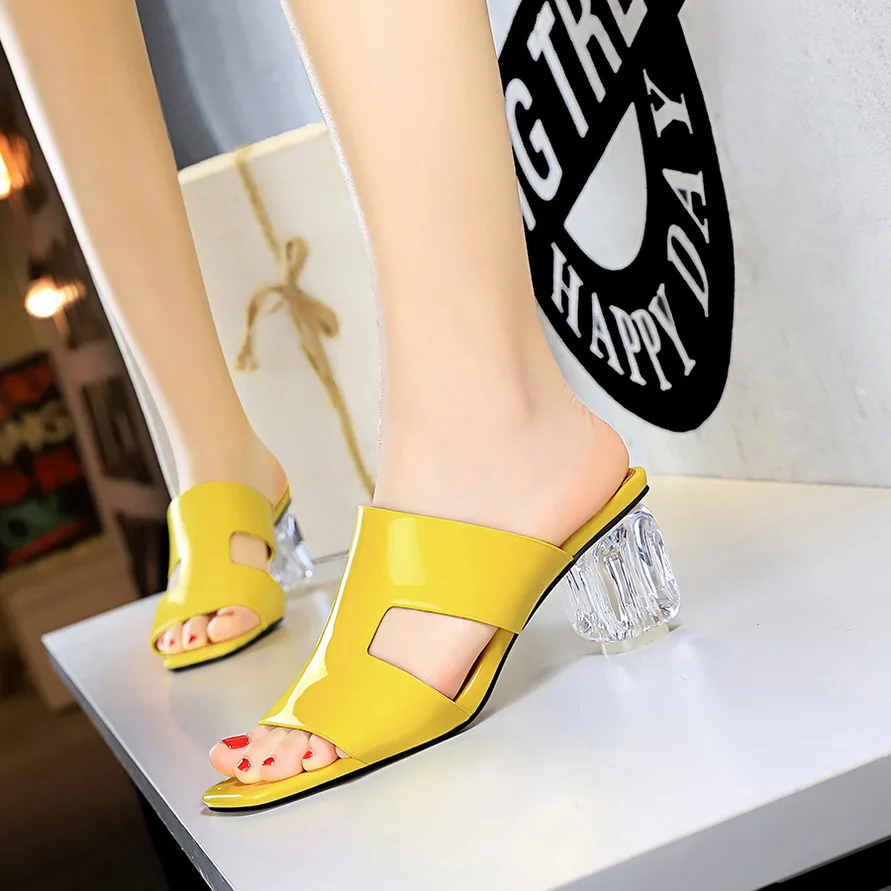 Летние женские туфли на высоком каблуке 6,5 см; желтые туфли без задника; прозрачные сандалии на толстой подошве; женские туфли-лодочки; прозрачные туфли на низком каблуке; зеленые туфли