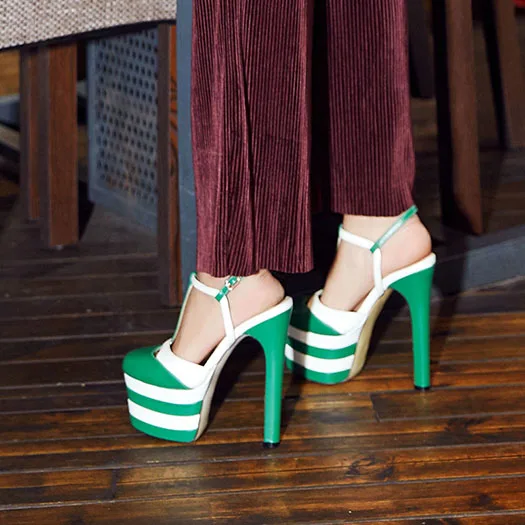 Черные туфли-лодочки; обувь для экзотических танцев; Роскошные туфли на толстой платформе с ремешком на пятке и Т-образным ремешком в готическом стиле; Туфли на очень высоком каблуке 15 см; Фетиш-женские туфли с круглым носком; Новинка - Цвет: Зеленый