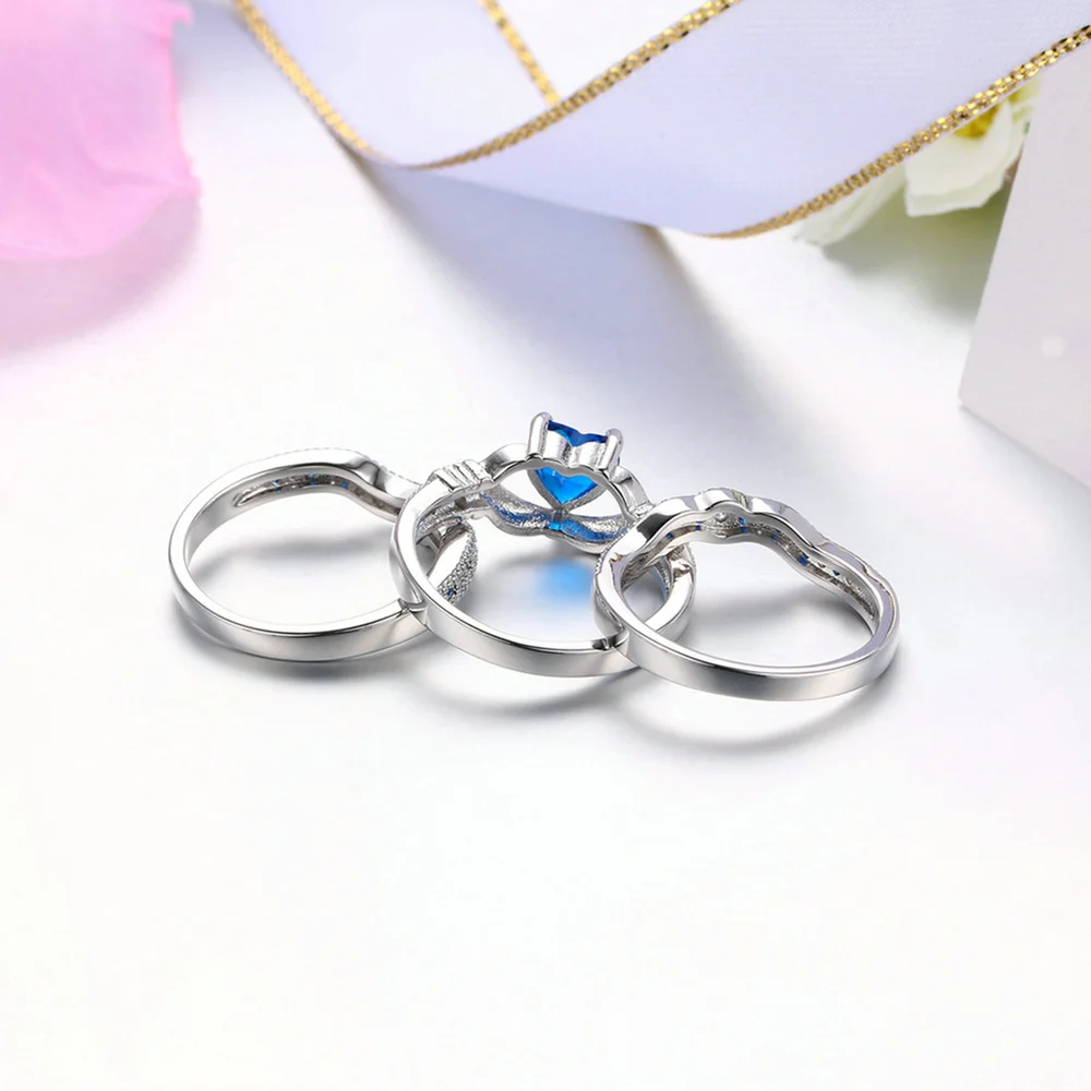 Double Fair Brand Blue Crown Heart Cubic Zirconia Ring Sets Silver Color Fashion Wedding Crystal Women Party Jewelry DFR615