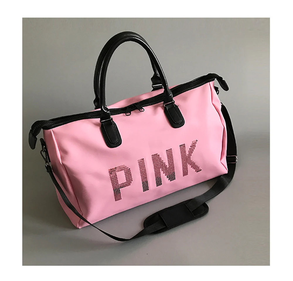 2019 Wobag Ladies Black Travel Bag Pink Sequins Shoulder Bag Women Handbag Ladies Weekend Portable Duffel Bag Waterproof Wash15