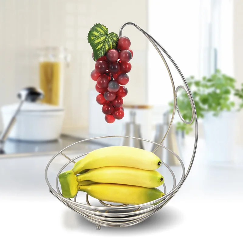 2 In 1 Fruit Basket Banana Hanger Fruit Bowl Iron Holder Storage Basket