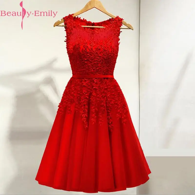Beauty Emily, короткие бордовые вечерние платья с бусинами,, трапециевидные, на молнии, без рукавов, с круглым вырезом, для официальных случаев, для вечеринки, выпускного вечера - Цвет: Красный