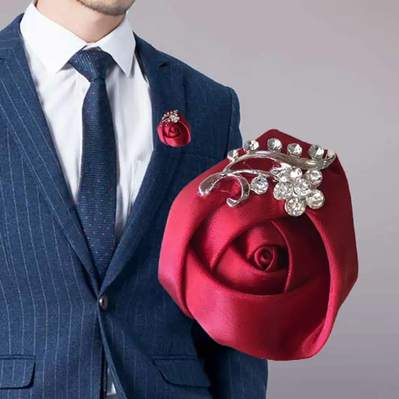 

8piece/lot Burgundy Artificial Flower Ribbon Fake Rose Groom Groomsmen Boutonniere Wedding Rhinestone Corsages For Women X1107-2