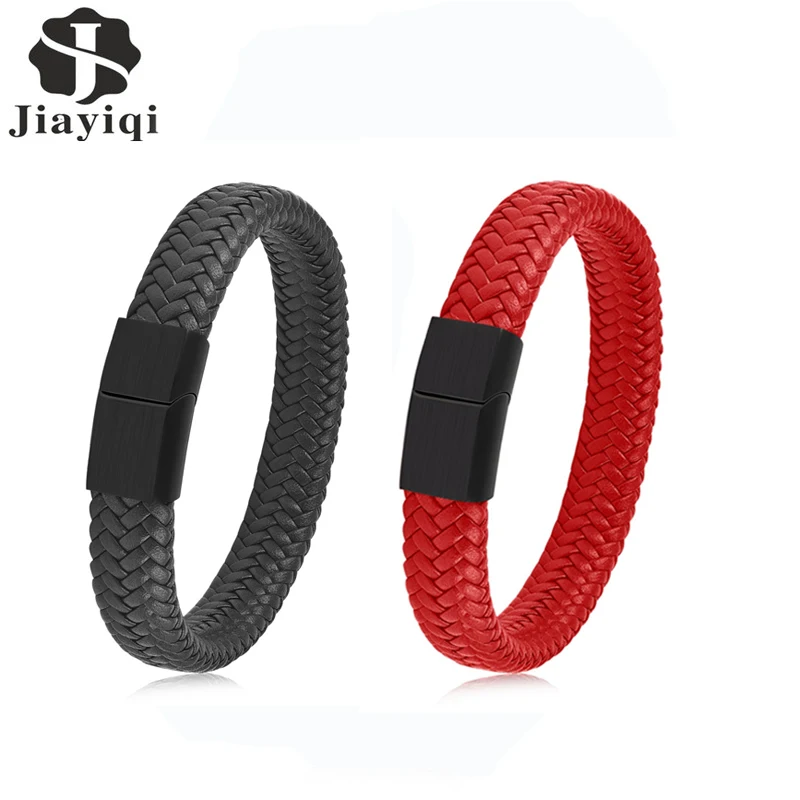 

Jiayiqi 2Pcs/Set Men Leather Bracelet Stainless Steel Magnetic Clasp Black Red Bangle Male Jewelry Gift