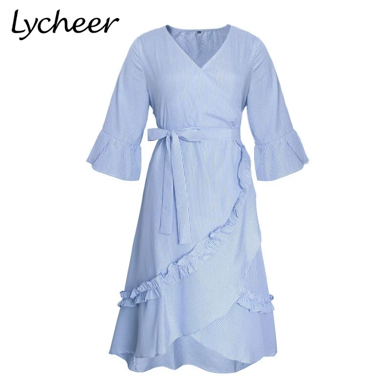 Lycheer Plus асимметричное платье рубашка в полоску платья с поясом повседневные
