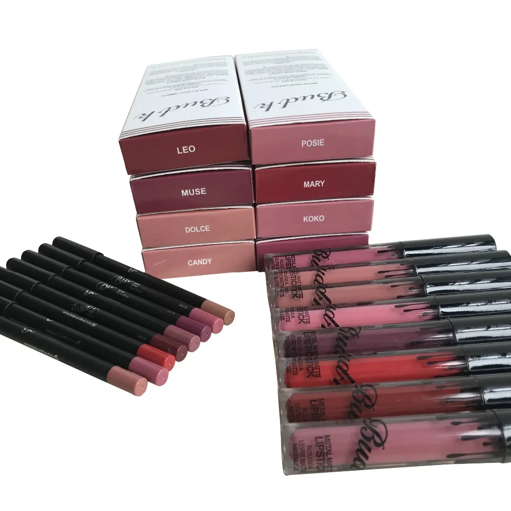 

16pcs/8set BUD K Matte Liquid lipstick make up lip kit+Lip Liner pencil mate Waterproof Long Lasting kilie lipstick