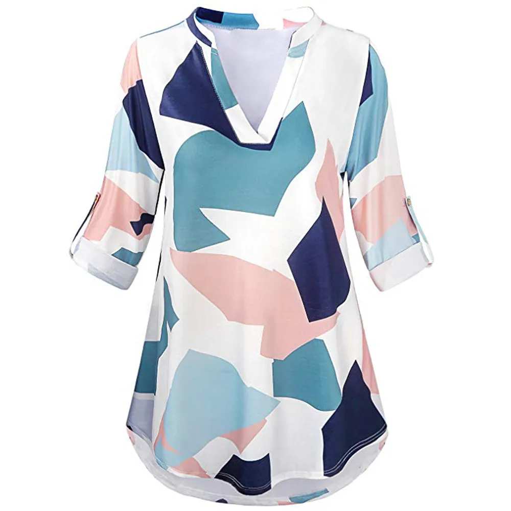 

WomensThree quarter Roll Sleeve Shirt Casual V Neck Loose Tops Geometric Print Casual Tops Blusas Chemise Femme Dropshipping