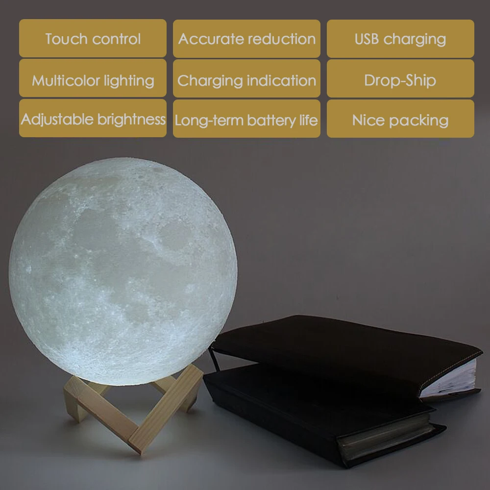 3D печать Луны светильник лампа 16 Цвета USB светодиодный ночной Светильник Красочные Перезаряжаемые Батарея Спальня книжный шкаф коридор Декор креативный