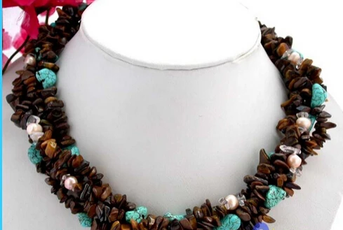 

N2973 4strands 18" white pearl tiger's-eye turquoise necklace N Discount (A0325)