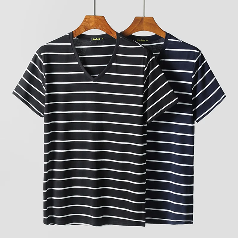 

REN.F New Men T shirt Fashion O-neck Short-sleeved Slim Fit Black Navy Blue Striped T-SHIRT Man Top Tee Plus Size Free Shipping