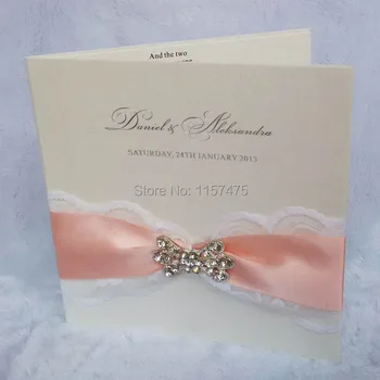 

HI1064 - Ivory Wedding Invitation Card with White Lace and Ribbon and Brooch