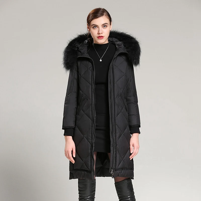 (TopFurMall) зимние женские пуховые парки пальто 80% утиный пух мех енота капюшон модная