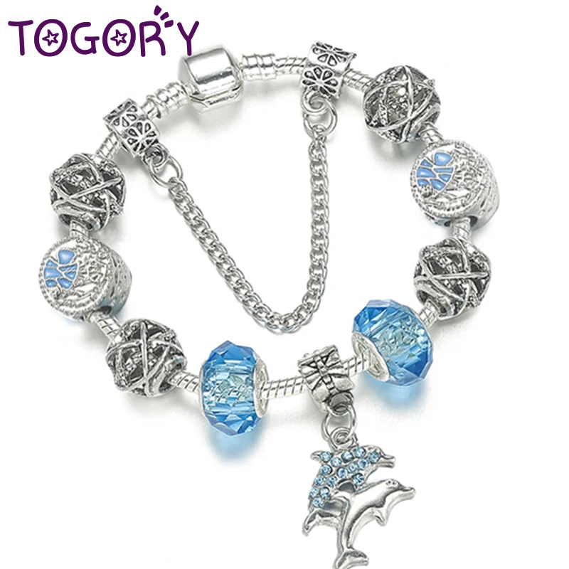 TOGORY оригинальный бренд серебряный браслет для женщин с Изысканный хрусталь бусины бренд безопасности застежка рождественские подарки
