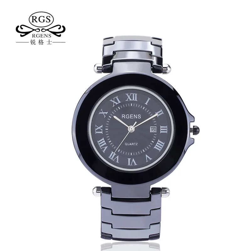 

RGENS Original true Ceramic wrist watches men clocks quartz black white male wristwatches fashion casual waterproof number 5509