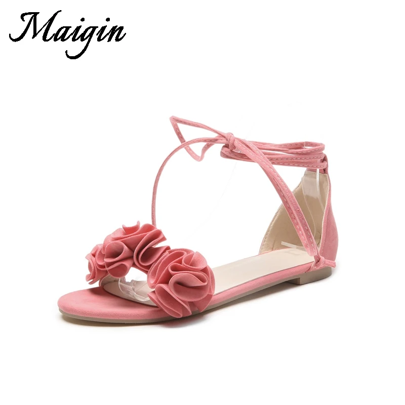Maigin 2018 Flat Sandals Women Lace-up Gladiator Sandals Footwear Woman Cover Heel Female Shoes Flower Ladies Summer Shoes
