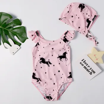 

The new pink ruffle one-piece unicorn swimsuit cute cartoon girls beach wear with matching hats Free Shipping YZ091