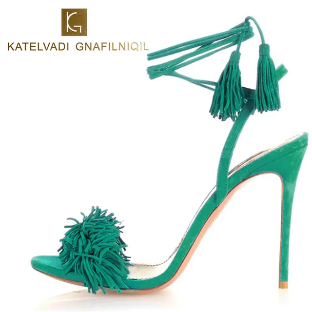 2018 Summer Sandals Women High Heels Fringe Gladiator Sandals Women Lace Up Shoes Woman Flock Sexy Green Ladies Sandals B-0064