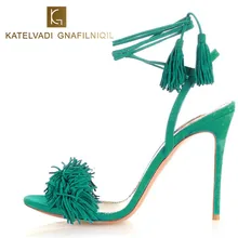 Verano Sandalias de Las Mujeres zapatos de Tacón Alto Fringe Gladiador Sandalias Mujeres Atan Para Arriba Zapatos de Mujer Sandalias de Las Señoras de Cuero de Gamuza Verde B-0064