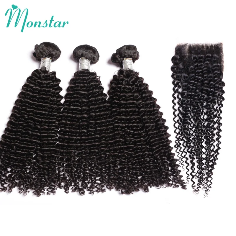 

Monstar Brazilian Kinky Curly Weave Human Hair with Closure Cheap 2/3/4 Piece Brazilian Weft Remy Hair Bundles with Lace Closure