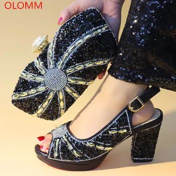 

OLOMM Black Color Italian Shoes and Bags To Match Shoes with Bag Set Decorated with Rhinestone Nigerian Women Wedding Shoes.Y-24