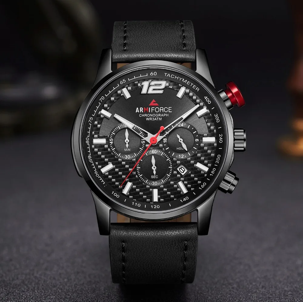 

ARMIFORCE Quartz Watches Men Military Stop Watch Chronograph Leather Watch Luminous Hands Auto Date Relogio Masculino AF8002