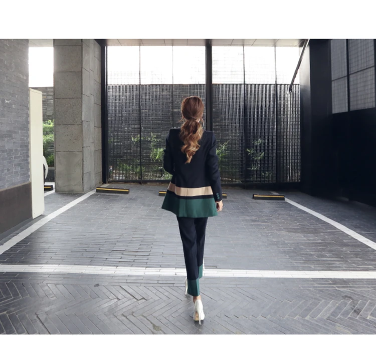 TDVICTORY женский формальный комплект из двух предметов осень подиум корейский стиль, лоскутные костюмы формальный пиджак пальто+ офис полная длина брюки костюм