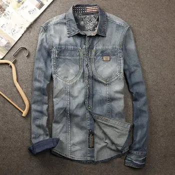 

Fall Spring Casual Men Washed Slim 100% CottonDenim Full Sleeve Shirt , Male 3XL 2xl Jeans Shirts , Single Breasted Men Blouse