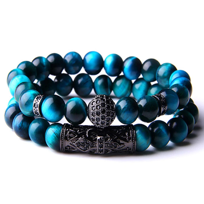 2 Pulseras Moda 2019 para hombre, pulsera Lisa Natural de 8 mm con piedra de ojo de tigre Azul Real, joyería microincrustaciones CZ pareja|Pulseras de hilo| - AliExpress