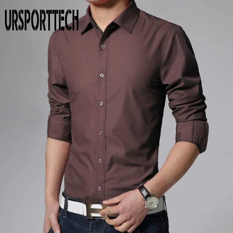 URSPORTTECH Высокое качество Мужские рубашки с длинным рукавом сплошной карамельный цвет Slim Fit формальная деловая рубашка брендовая мужская одежда рубашки размера плюс