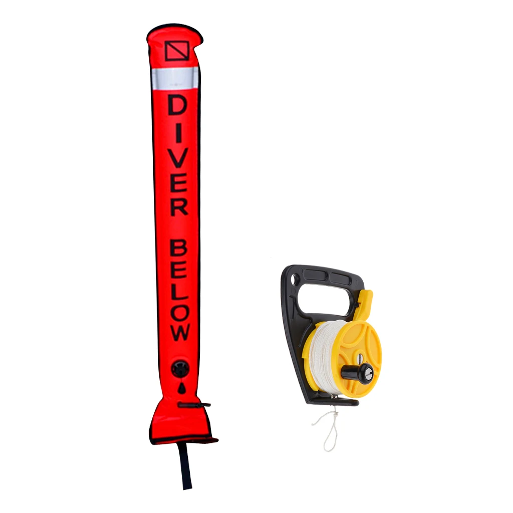 Scuba Diving Reflective SMB Surface Marker Buoy Safety Sausage Signal Tube + Dive Wreck Reel 46m Line, Thumb Stopper