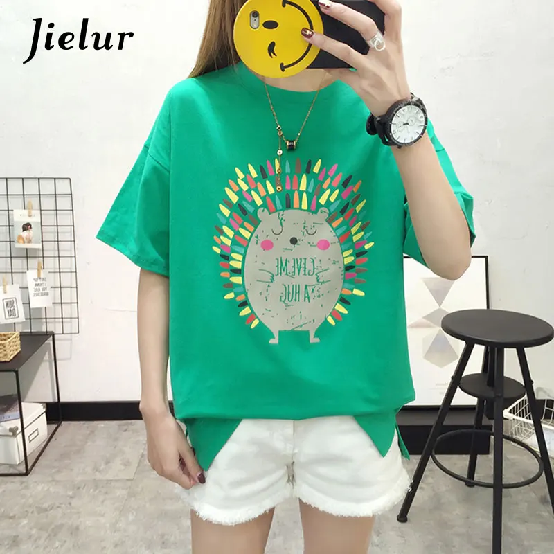 Jielur 5 цветов мультфильм Ежик печатных футболки для женщин Корейский шик короткий