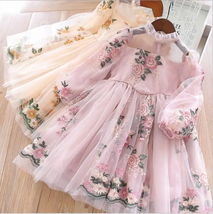 

New 2019 Baby Girls Spring Embroidrery Floral Mesh Dresses, Princess Children Boutique Flower Dress 5 pcs/lot, Free Shipping