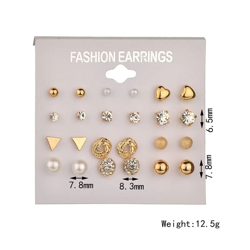 

12 pairs/set super value Exquisite design simple fashion OL temperament Pearl Heart Triangle charm Stud Earring Set Women
