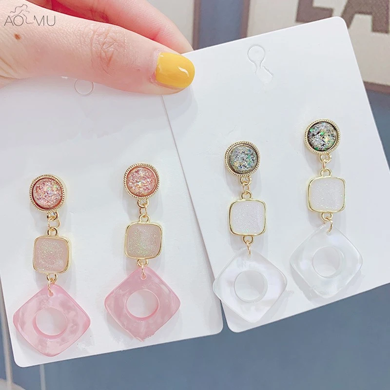 

AOMU 2019 New Shining White Pink Resin Geometric Round Square Hollow Long Dangle Drop Earrings for Women Girl Party Gift Jewelry
