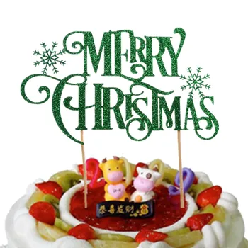 

1pc Creative Christmas Cake Flag Merry Christmas With Snow Cake Topper For Xmas Home Party Cake Baking Decor Shiny Red Green