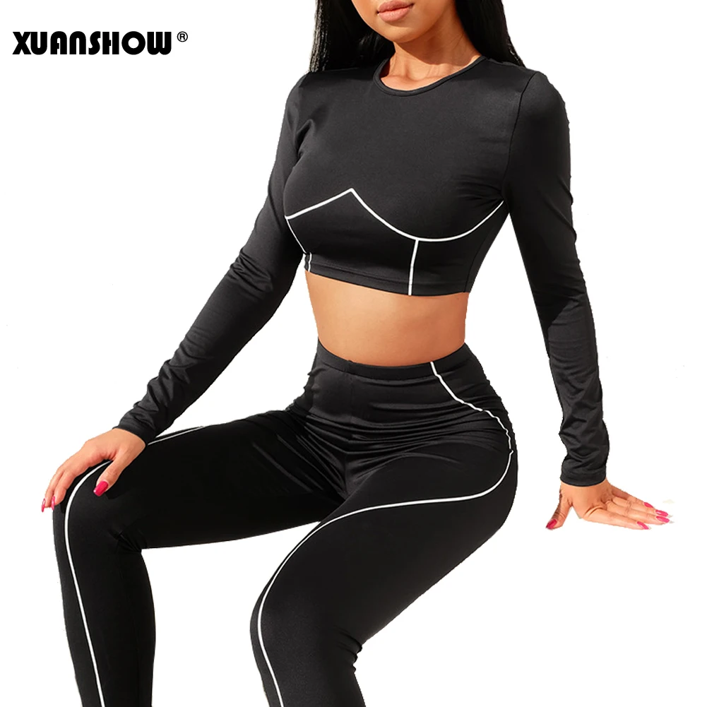 XUANSHOW/модный весенне осенний спортивный костюм женский комплект укороченный топ