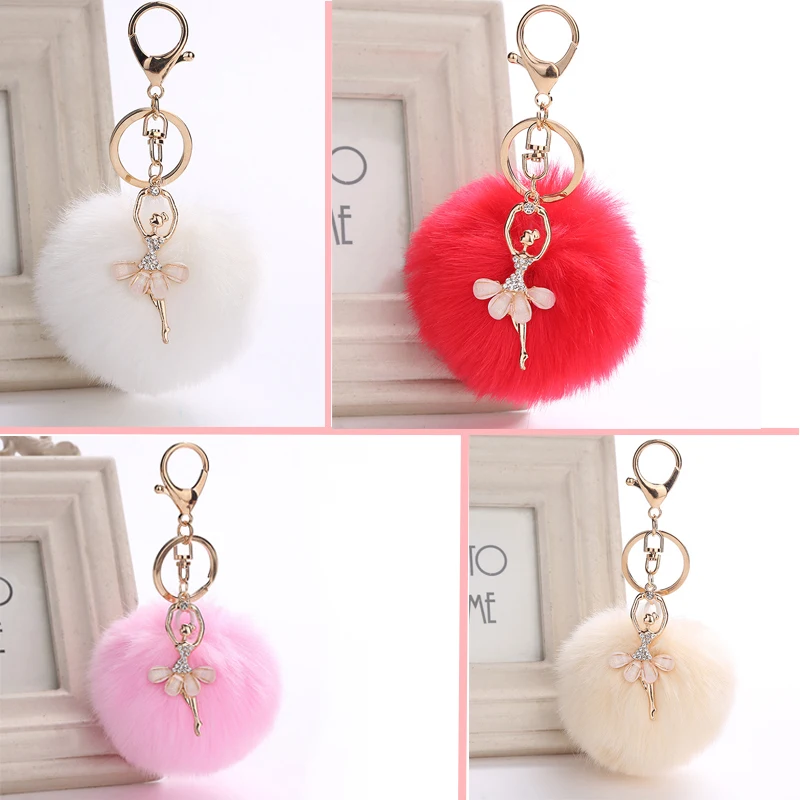 

Ballet Dancing Girl Pompom Fake Fur Ball Key Chain Pom Pom Key Ring KeyChain Pompom Angel Ballet Girl Fourrure Bag charm Jewelry