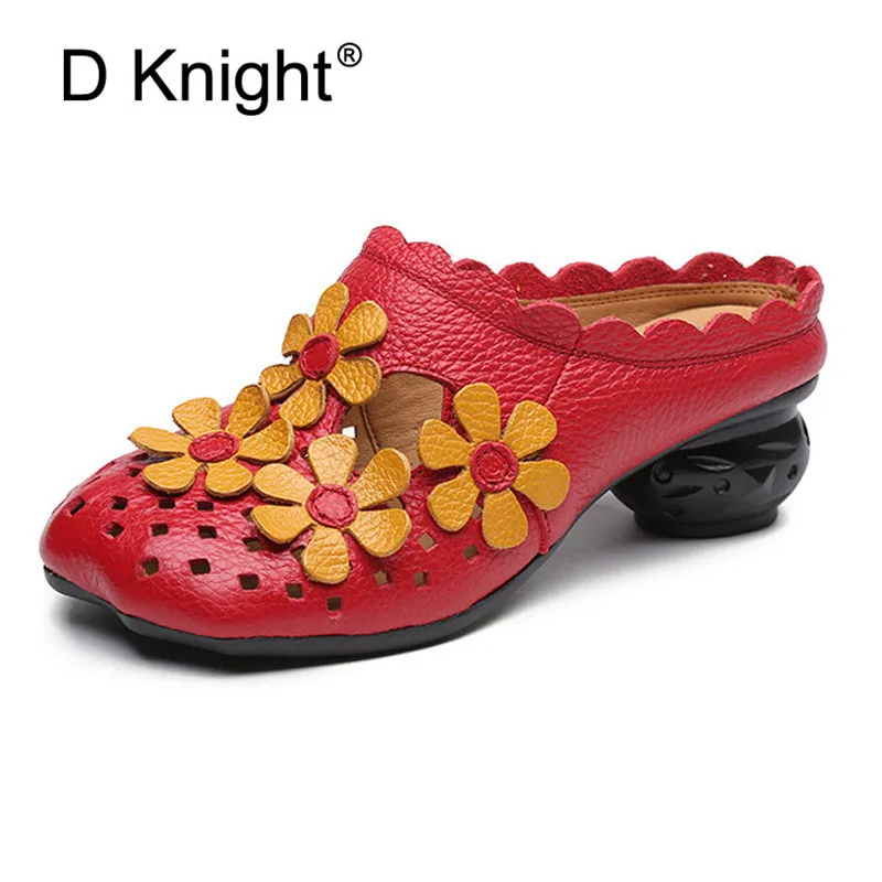 Genuine Leather Women Half Slippers Slip On Outdoor Med Heel Shoes Women Comfortable Slides Woman Driving Loafer Female Footwear (1)