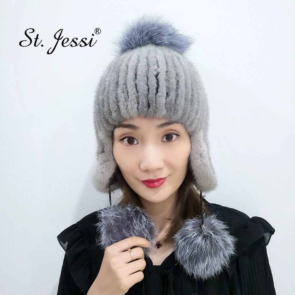 ST. Jessi меховая шапка, натуральные вязаные плюшевые норковые меховые шапки для женщин, роскошные большие Меховые помпоны из лисьего меха, толстые теплые наушники, шапочки, шапка
