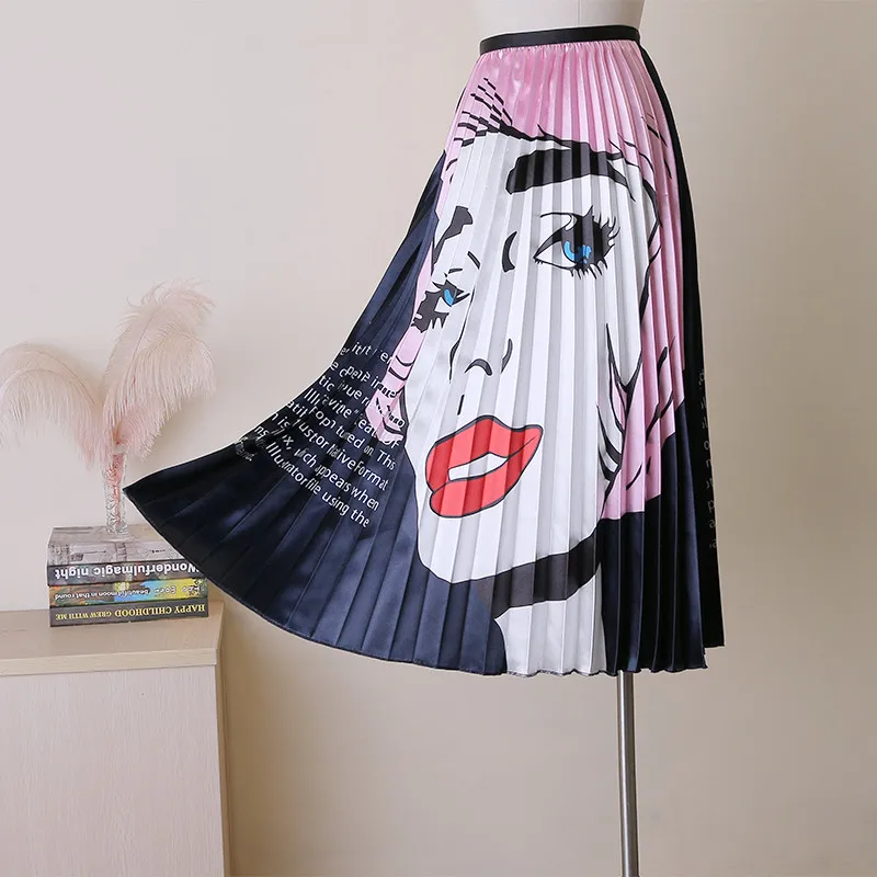 Топ Мода сезон: весна-лето для женщин юбки для элегантные дамы Высокая талия мультфильм Вышивка крестом картины печати до середины икры