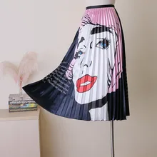 Топ Мода сезон: весна-лето для женщин юбки для элегантные дамы Высокая талия мультфильм Вышивка крестом картины печати до середины икры