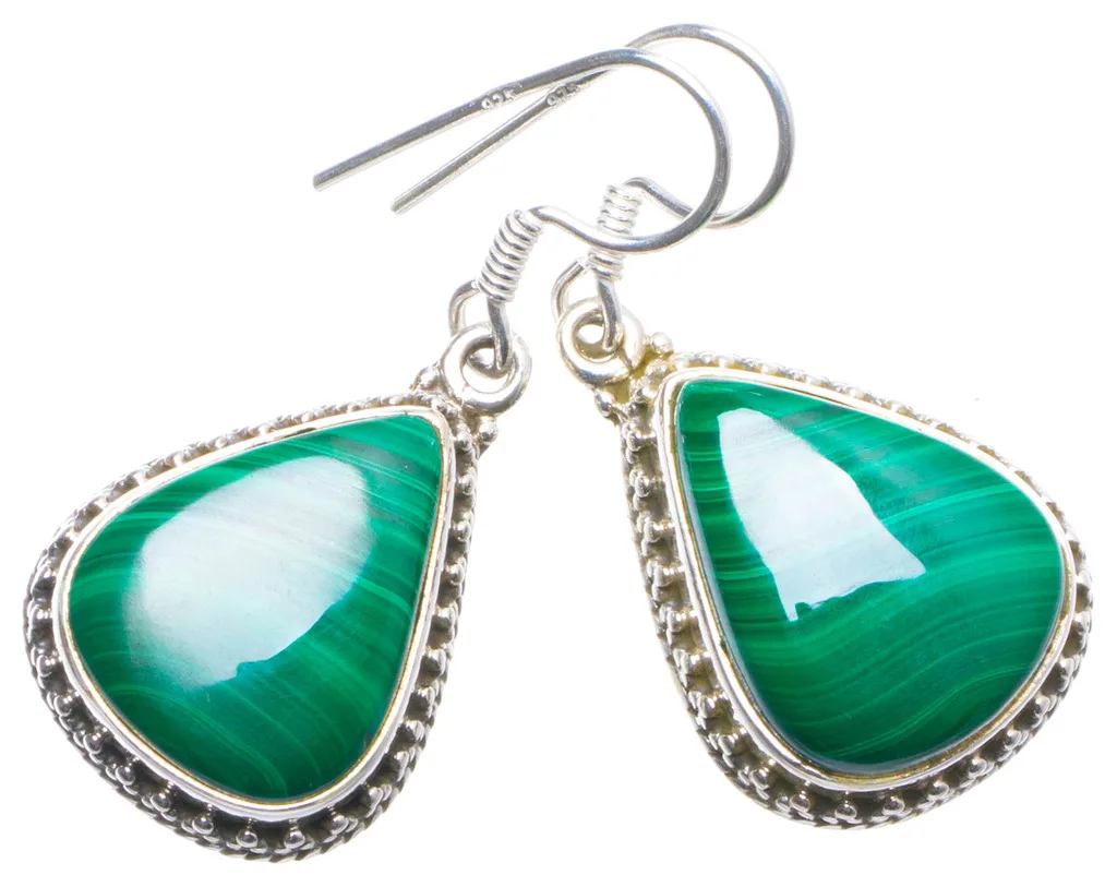 

Natural Malachite Handmade Unique 925 Sterling Silver Earrings 1.5" X4599