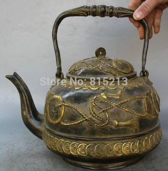 

bi001190 13" Marked Chinese palace Bronze Gild Wealth Money portable Wine Tea Pot Flagon