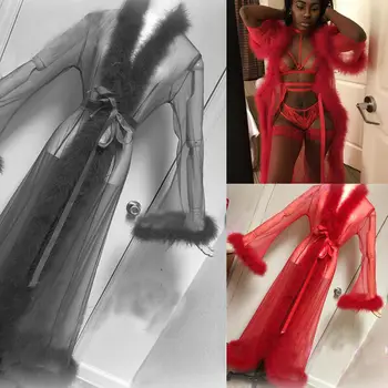 

2019 New SEXY Sleepwear Robe Without G-string Womens Lingerie Mesh Long Bath Robe Gown Babydoll Nightwear Sleepwear Christmas